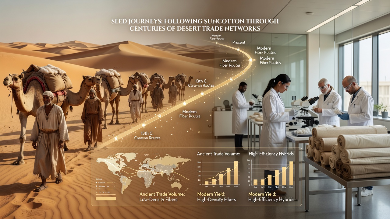 Historical merchant caravans transporting seed bundles through desert trade routes